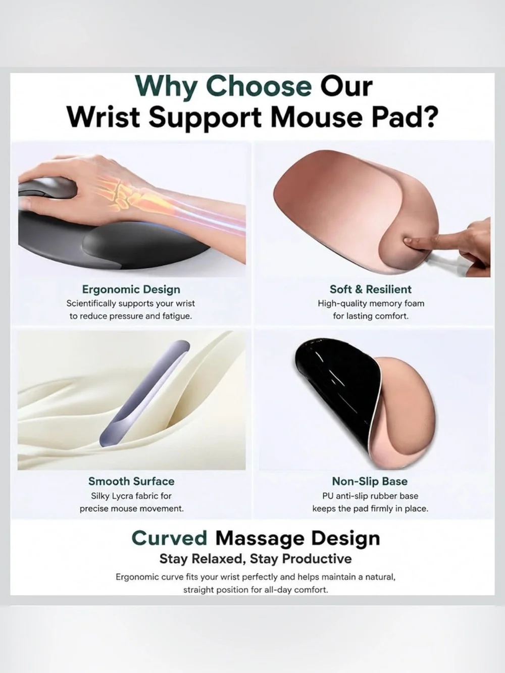 New Open Box Green Curved Ergonomic Gel Mouse Pad with Wrist Rest